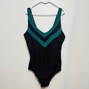 Aquamore  One Piece Swimsuit Teal Stripe Lined Tummy Control Vacation Vintage